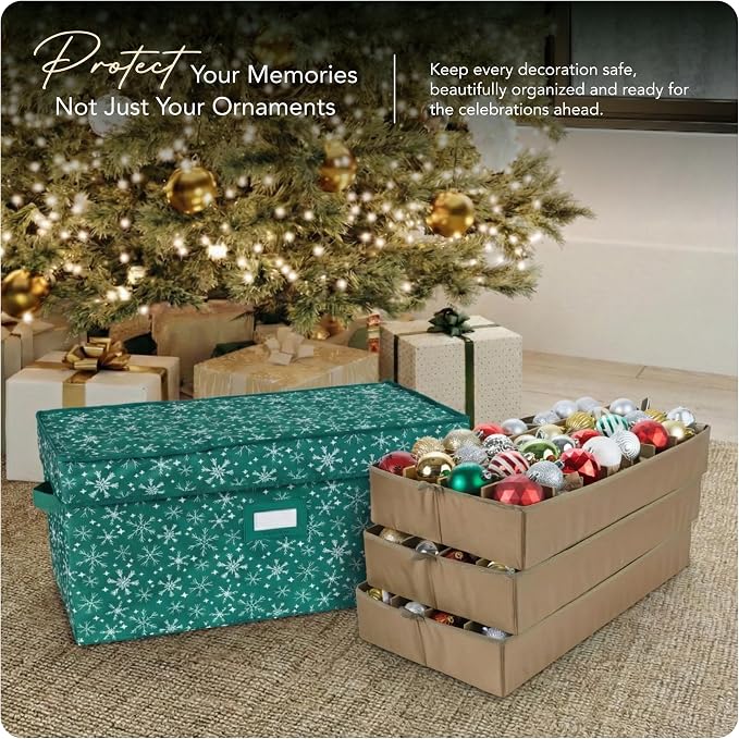 Covermates Keepsakes Adjustable Ornament Storage Box – Heavy-Duty Polyester, Padded Dividers & FlexGrid Trays – Protective Holiday Organizer with Stackable Walls & Label Window, Green Snowflake - Image 2