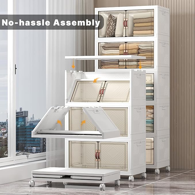 Stackable Storage Bins, 560QT Collapsible Drawers with 1 Lid | Large Capacity, Magnetic Door, Stack Lock, Rolling Wheels, Foldable Design, Organizers and Storage for Bedroom Dorm Garage - Image 5