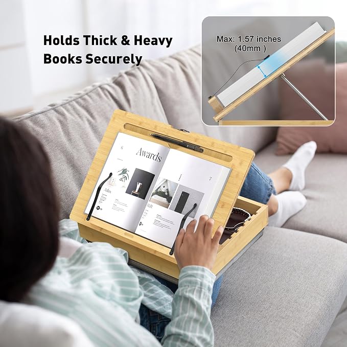 AboveTEK Book Stand for Reading with Storage, Adjustable Bamboo Book Holder with Soft Lap Cushion, Cookbook Stand, Hands-Free Book Reading Stand for Bed, Desktop & Kitchen Counter - Image 5