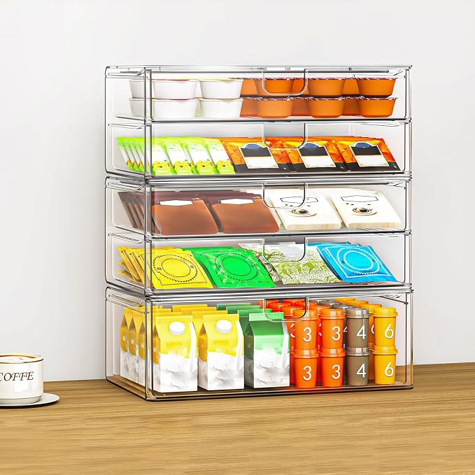 6-Pack Acrylic Stackable Storage Drawers for Vanity, Desk, Bath | 2 large & wide 13" drawers, Smooth-glide, stackable, clear body, dustproof, wipe clean, for makeup, pantry jars, under sink - Image 2