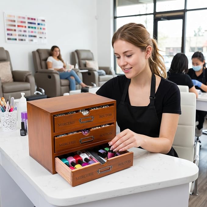 Wesiti Small Wooden Desk Organizer with 3 Drawers, Compact Vintage Apothecary Storage Box for Jewelry, Makeup, Essential Oils, Rustic Trinket Organizer for Bedroom Dresser Vanity, Brown - Image 5