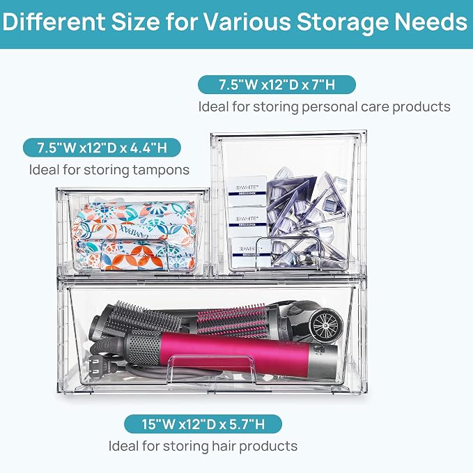 Vtopmart Clear Stackable Storage Drawers, 5 Pack Multi-Size Organizer Set | Wide, Medium and Small Pull-Out PET Drawers with Stackable Design for Cabinets, Closets, Pantry and Bathroom Organization - Image 6