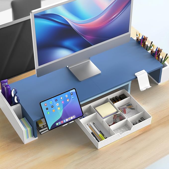 Simple Houseware Desk Dual Monitor Stand Riser with Drawer, Blue | Customizable Organizer Tray, Built-In Phone & Tablet Slot and Side Storage - Image 7