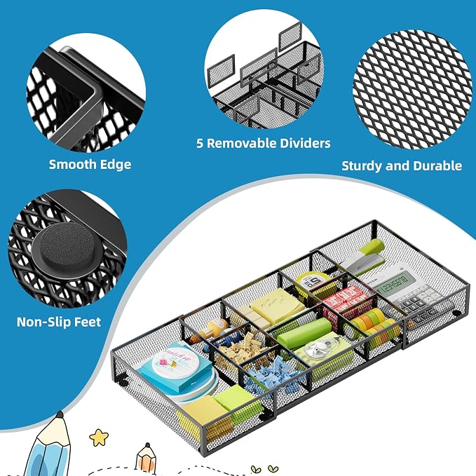 Marbrasse Expandable Desk Drawer Organizer, Mesh Drawer Organizer Tray with 10 Adjustable Compartments, Desk Organizers and Accessories for Office Supplies (Longer Expandable Drawer Organizer-B) - Image 6