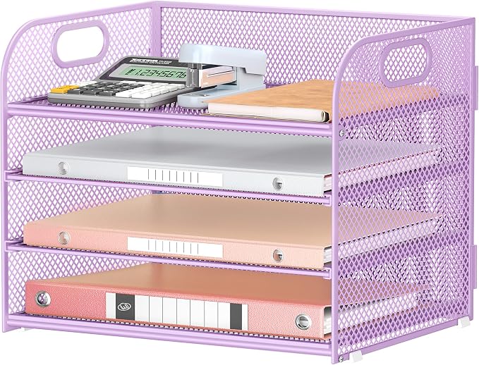 Lavatino 4-Tier Paper Organizer Trays - Purple Mesh File Folder Sorter with Handles, Desk Letter Holder Organizer for Office, Home, School Supplies Storage & Organization by Lavatino