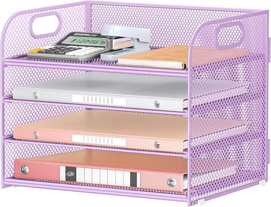 Lavatino 4-Tier Paper Organizer Trays - Purple Mesh File Folder Sorter with Handles, Desk Letter Holder Organizer for Office, Home, School Supplies Storage & Organization by Lavatino