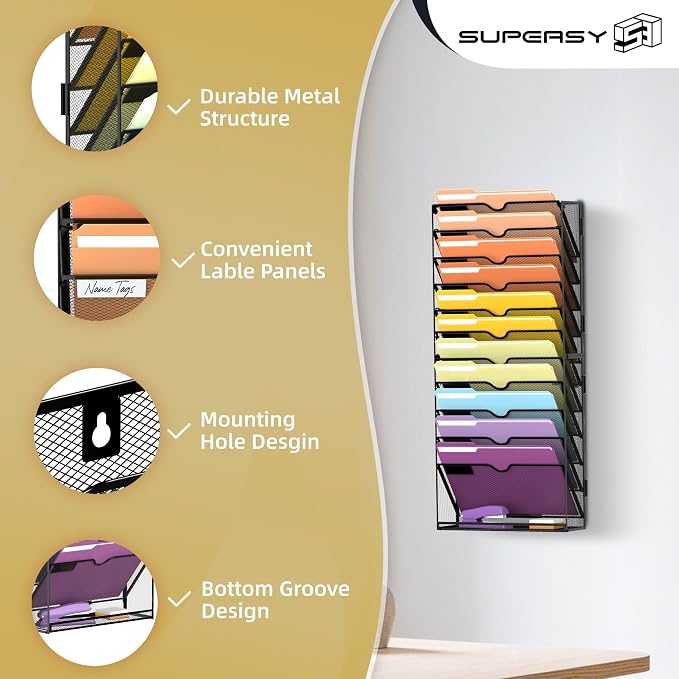 12-Tier Wall File Organizer, Mesh Hanging Wall Mount File Holder | Paper, Folder, Magazine Rack Great for Office Home School, Assembly Needed, Black - Image 4