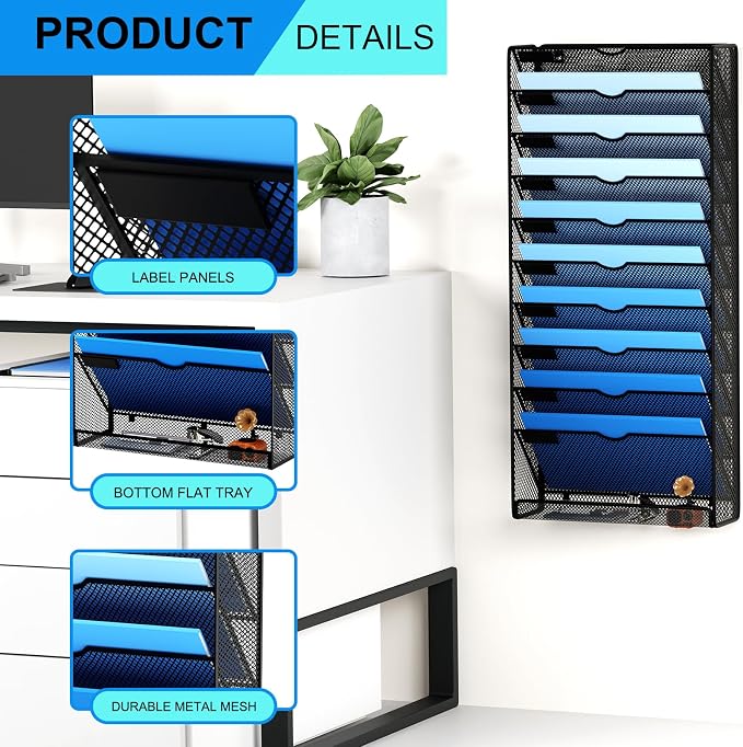 Hanging Wall File Organizer 10 Tier Wall Mounted File Holder Document Wall Organizer Magazine Organization for Office Home, Black - Image 4