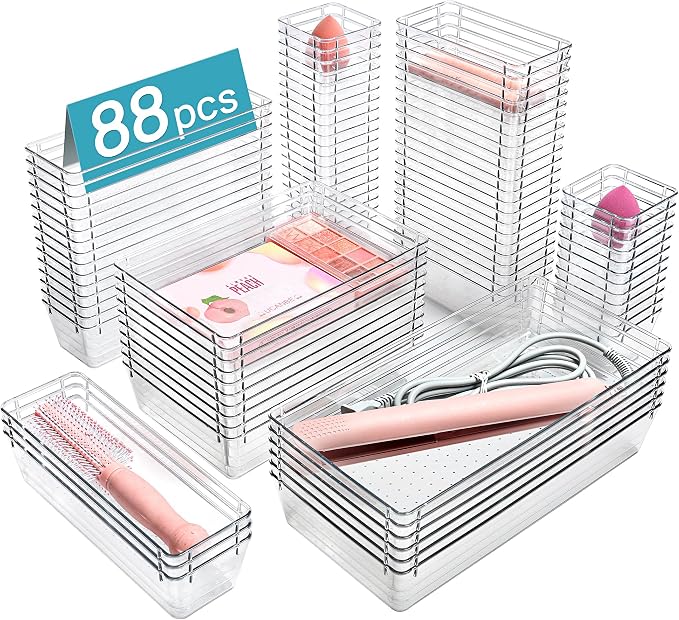 Vtopmart 88PCS Clear Plastic Drawer Organizers Set, 5-Size Versatile Bathroom Drawer Organizer Trays, Storage Bins for Makeup, Vanity, Kitchen Gadgets Utensils and Office by Vtopmart