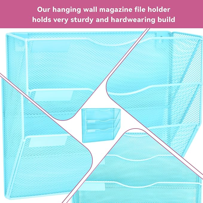 3 Pockets Mesh Wall File Holder Organizer Office Hanging File Folder Magazine Rack, Nametag Label Hooks Set Included (Blue) - Image 3