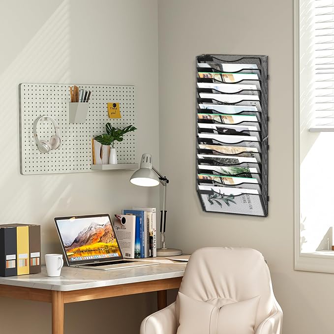 EasyPAG Wall File Organizer for Office 14 Pocket Mesh Wall Mounted Paper Organizer Hanging Folder Holder with Nametag Label for Home School, Black - Image 7