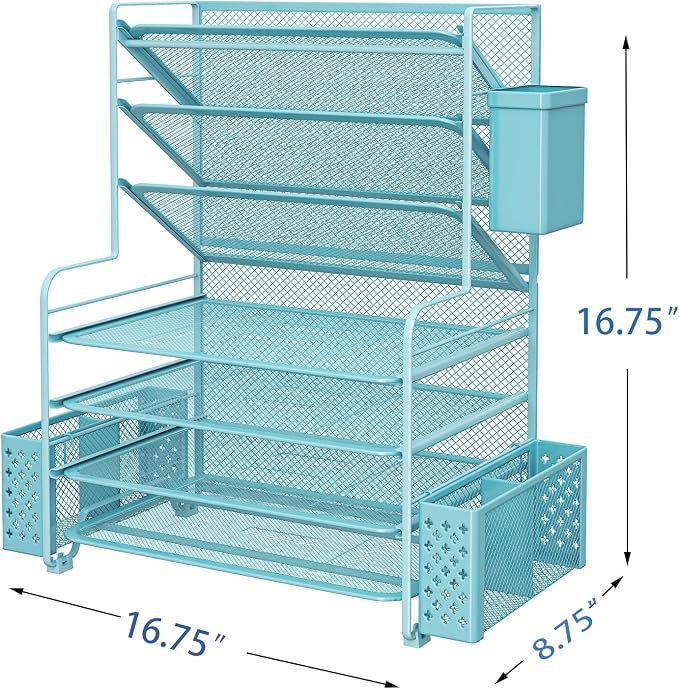 Simple Trending 7 Tier Desk File Organizer, Letter Tray Paper Organizer with Pen Holder and Metal Hanging Basket, Blue - Image 3