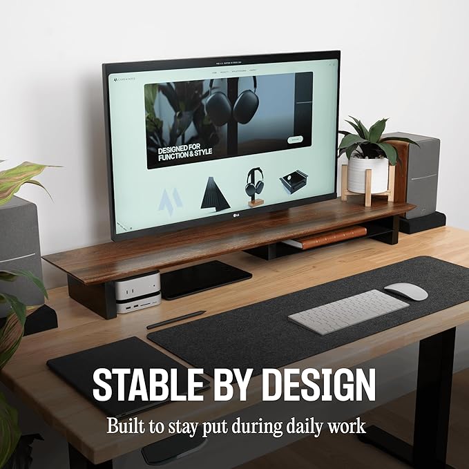 COREMINDED Solid Wood Dual Monitor Stand Riser, 42 Inch Walnut Desk Shelf | Fits 2 Monitors, Sturdy & Stable Solid Wood, Under Monitor Keyboard Storage, Office Desktop Organizer, Easy Assembly, Walnut - Image 2