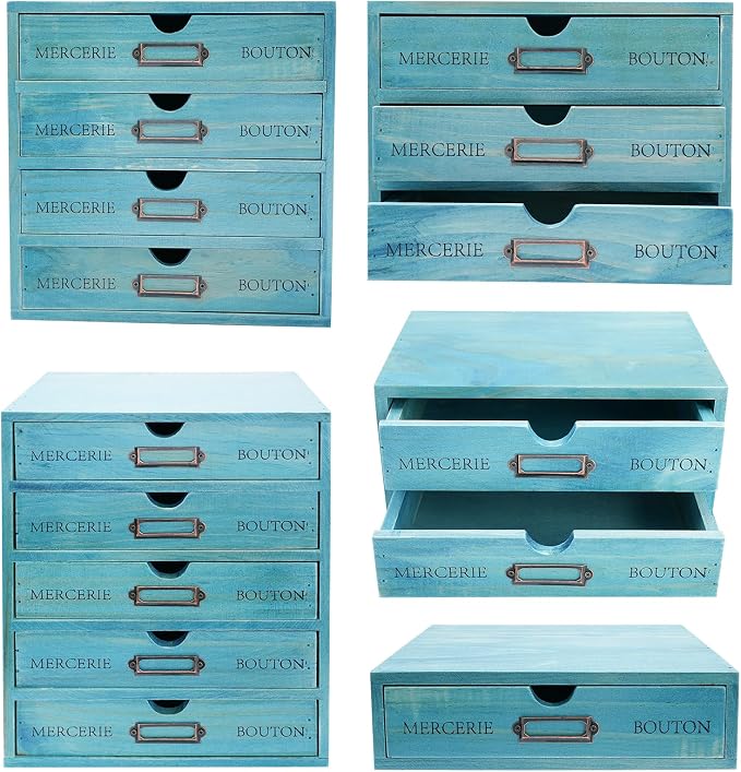 Wooden Desktop Organizer, 5PCS Retro Storage Cabinet Box with Drawers, Mini Tabletop Craft Box Cosmetic Storage Drawer, Portable Desk Letter Mail Sorter for Office Home (Blue) by Netcoin