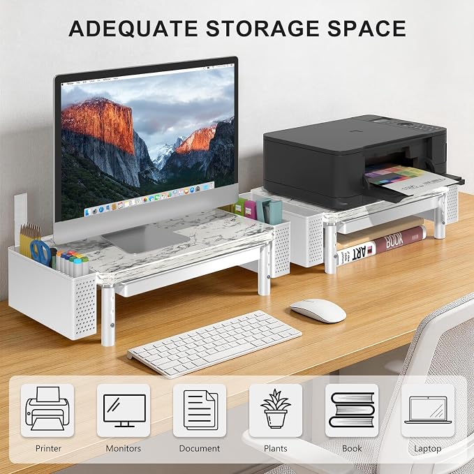 WALI Computer Monitor Stand with Storage, Desk Organizer with Drawer and Pen Holder, Desk Monitor Riser 3 Height Adjustable, Laptop Riser for Computer, Laptop, Printer(PTT003-M), 1 Pack, Marble - Image 7