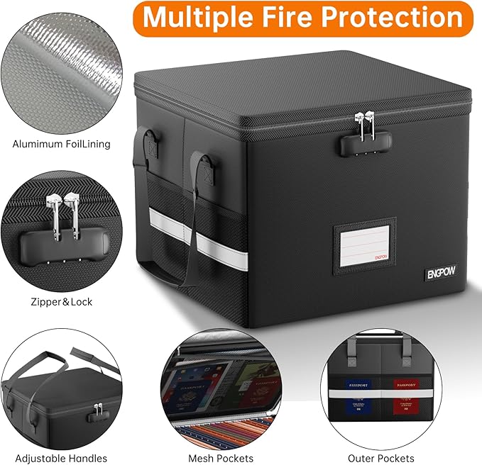 ENGPOW 5200°F Fireproof Document Box with Lock, Heat Insulated Collapsible File Storage Organizer with Handle, Portable Home Office File Cabinet for Hanging Letter/Legal Size Folder, Black - Image 5