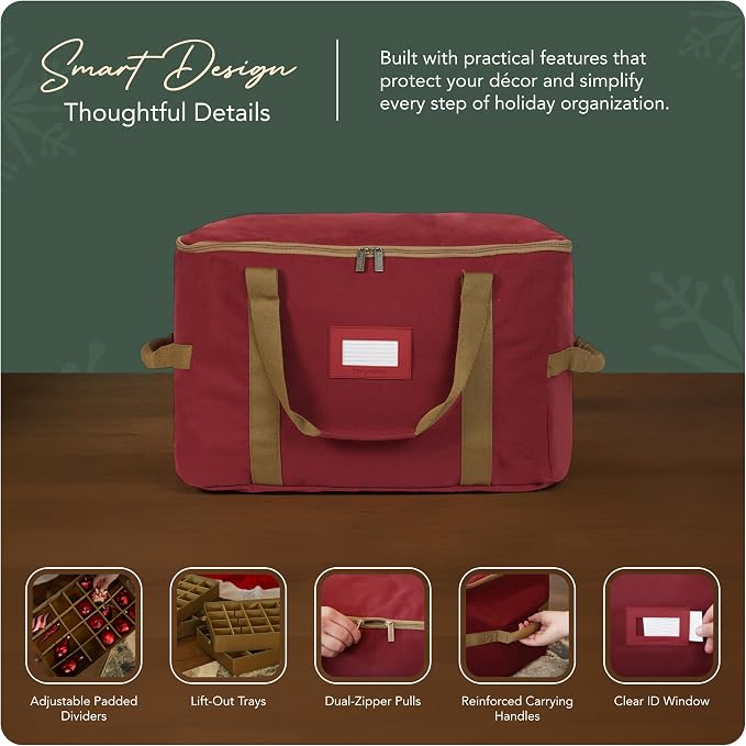 Covermates Keepsakes Adjustable Ornament Storage Bag – Heavy-Duty Polyester, Padded Dividers & FlexGrid Trays – Protective Holiday Ornament Organizer with Handles & Label Window, Red - Image 4