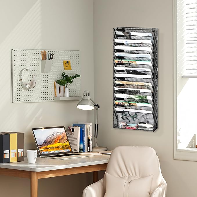 EasyPAG Wall File Holder 14 Tier Mesh Hanging Folder Organizer with Flat Tray Wall Mounted Mail Organizer Magazine Paper Desk Shelf with Nametag Label for Office Home School, Black - Image 9