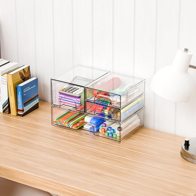 4 Pack Clear Stackable Storage Drawers,Acrylic Drawer Organizer for Medicine,Palettes,Hair Accessories and Makeup Organizer,Plastic Drawers for Cabinet,Office,Desk,Bathroom Storage Containers - Image 7