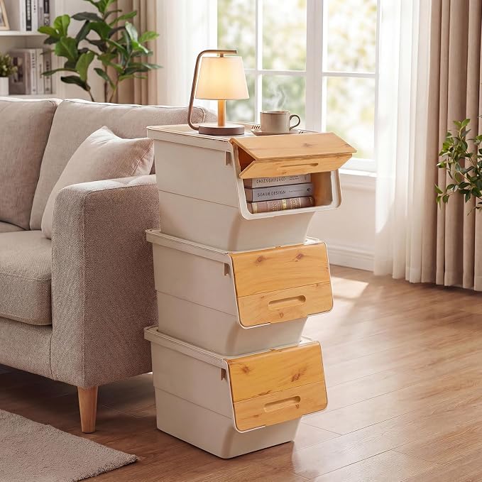 GIANTEX 3 Pack Plastic Stackable Storage Bins with Lids & Wheels, 35 QT | Open Front Stacking Bins, Organizer Bins for Pantry, Kitchen, Laundry, Closet, Playroom, Bedroom Organization - Image 2