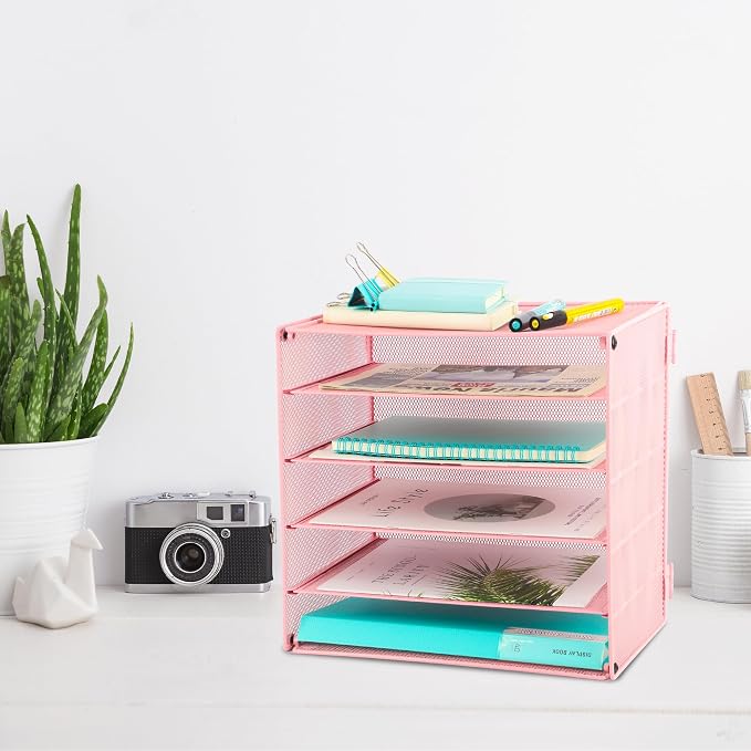 5 Slot Mesh Desk Organizer Tray, File Paper Letter Folder Holder Desktop Paper Sorter Mail Organization Rack Storage Accessories, for Office Home School Classroom, Pink - Image 5