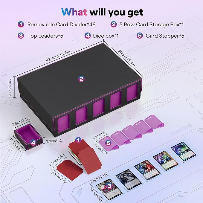 UAONO 5-Row Trading Card Storage Box with Commander Display, Black Purple | 3900+ Card Box with Removable Cover, Card Case Fits MTG TCG Sports Cards, 48 Dividers, 5 Stoppers, 5 Top Loaders, Dice Box - Image 6