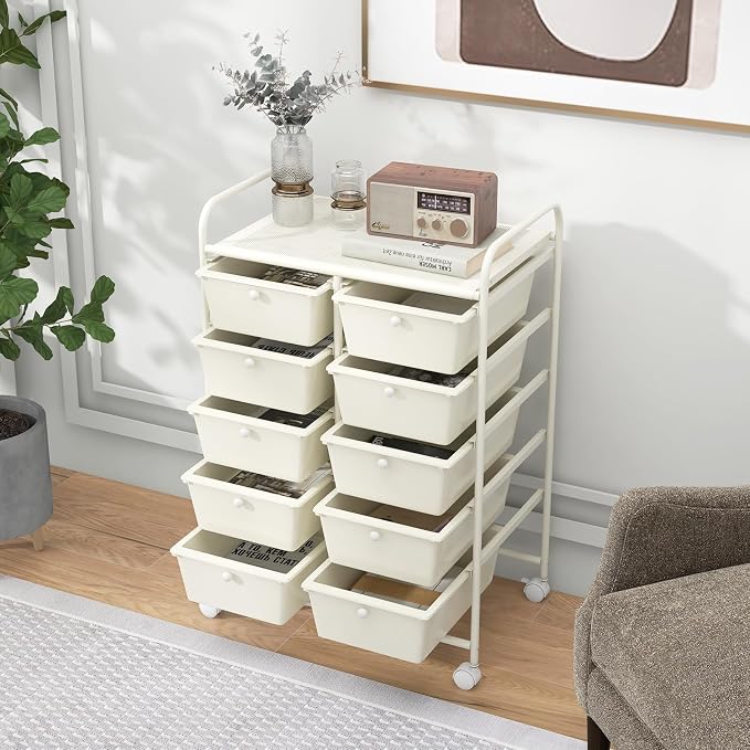 Moccha Rolling Cart with 10 Drawers - Storage Drawers Organizer with wheels for Craft Art Supply Paper Salon, Multipurpose Movable Utility Cart for Teacher Classroom, White - Image 2
