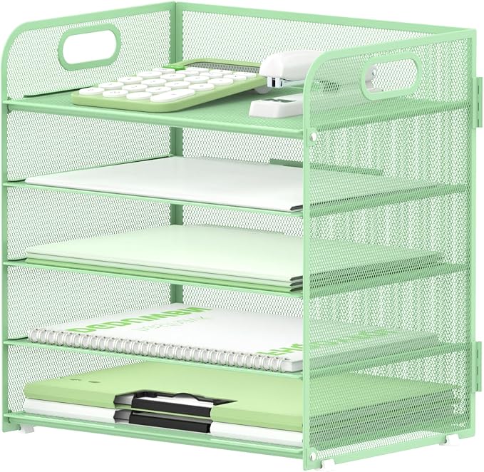 5 Trays Paper Organizer Letter Tray with Handle-Mesh Desk File Holders, Paper Sorter Desk Organizer for Office, Home, Classroom or School(Mint Green) by SUPEASY