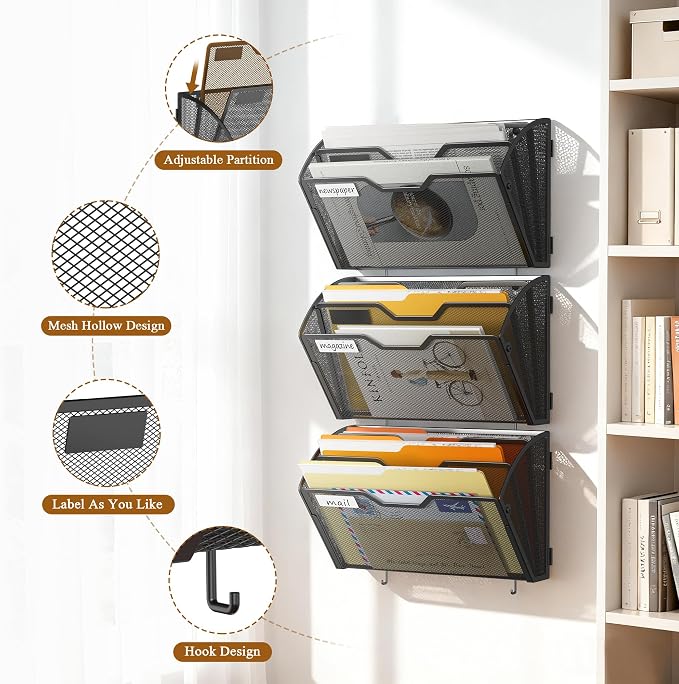 Docnest 3 Pack 3 Tier Mesh Wall File Holders with Hooks for Mail, Black | Space-saving vertical design with utility hooks. Ideal paper document organizer for office, home, and school - Image 5