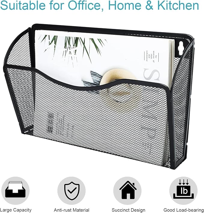 6 Pockets Wall File Organizer Metal Mesh Hanging Document Paper Holder Wall Mount Magazine Rack for Business Home Office Classroom, Black - Image 2
