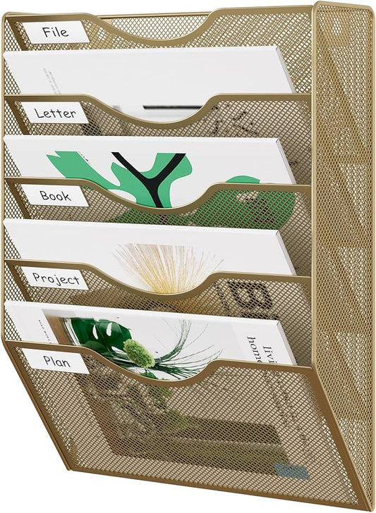 EasyPAG Wall File Organizer 5 Tier Hanging Paper Folder Holder, Zero Assembly Metal Mesh Wall Mounted Mail Organizer for Office Home Classroom Narrow Spaces, Gold by EasyPAG