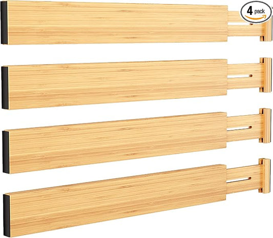 BAMEOS Bamboo Expandable Drawer Dividers – Fits 13.3"–19" Drawers, 2" High, Set of 4 | Spring-Loaded Bamboo Separator for Kitchen Island, Bathroom Vanity & Dresser Drawers by BAMEOS