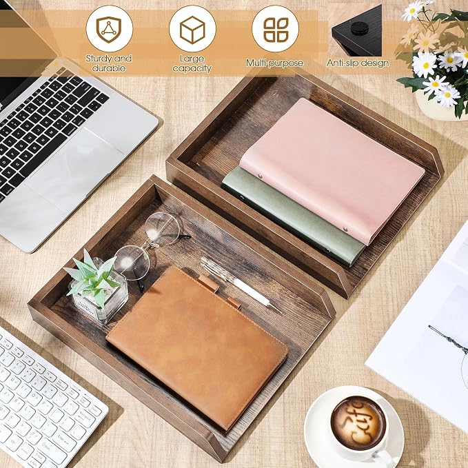 DoubleFill 2 Pcs Wooden Letter Trays 2 Tier Desktop Paper Organizer Wood Letter-Size Desk Document Tray Heavy Duty Stackable Paper Drawer Holder File Folder Back to School Office Home (Dark Wood) - Image 4