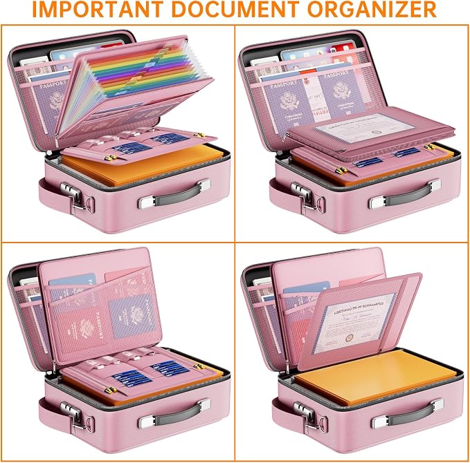 DocSafe Fireproof Document Box Hard Case with Lock ＆ Accordion File Folder | Fire and Water Resistant Safe Box,File Organizer,Multi-Pocket,Home Office Travel Storage for Important Document,Laptop,Pink - Image 8