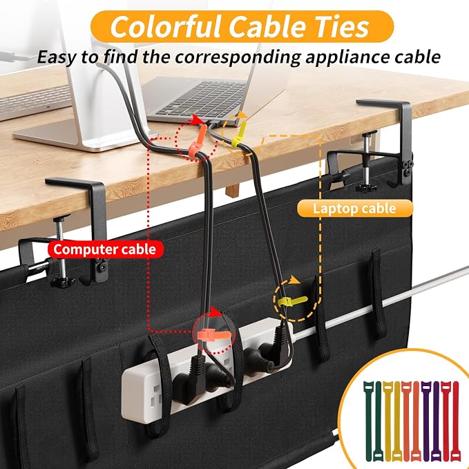 Under Desk Cable Management Tray No Drill, 28Inch Cable Management,Black | Clamp and Screw Mount Cable Management Tray, Extra Large Capacity Desk Cable Management, Fabric Wire Management for Office - Image 6