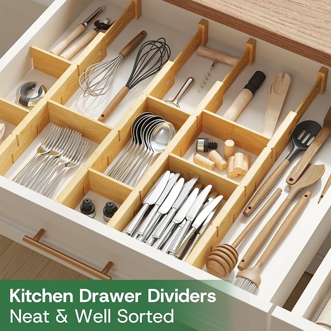 kiplant Kitchen Drawer Dividers - Adjustable Drawer Organizer for Clothes, Kitchen, Closet & Office - 4 Pack with Inserts, 18-22.6 Inches, Non-Slip Silicone Ends - Image 2