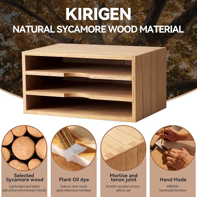 KIRIGEN Wooden Desk Organizer 3-Tier Letter Tray and Paper Sorter, Natural | Solid Wood Paper Tray Document Holder Organizer for Letters, Files, Folders, Mail, Magazines and Office Supplies - Image 8