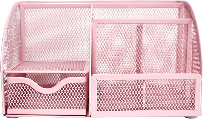 Exerz Desk Organizer 7 Compartments Metal Mesh Pen Holder Caddy Light Pink | Soft Color Desktop Storage for Notes Clips Scissors Rulers Craft Tools Makeup Study and Home Use - Image 9