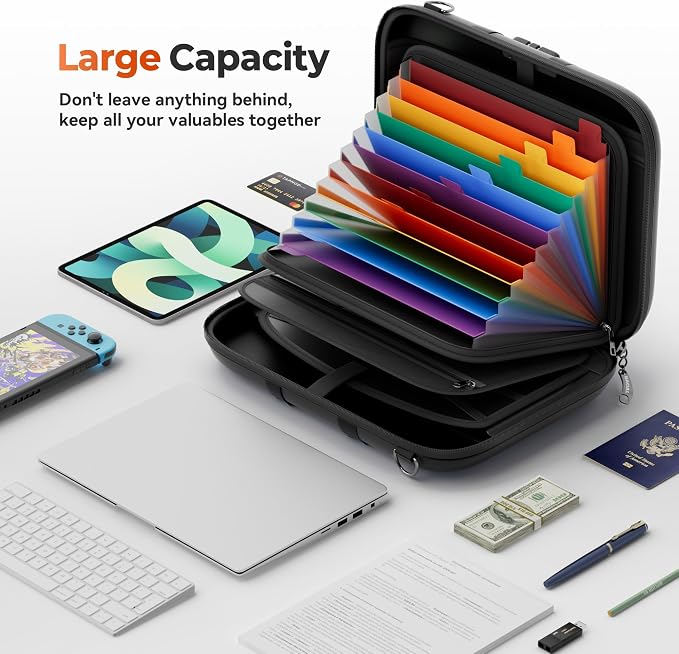 Nacial Fireproof Document Box with Lock & Shoulder Strap, Hard-Shell Fireproof File Organizer with 13 Pocket Accordion File Folder, Portable Safe Storage for Important Documents, Laptop, Black - Image 3
