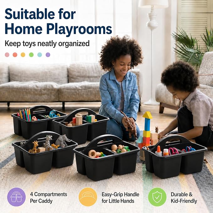 gisgfim 6 Pack Plastic Classroom Caddy with 4-Compartments Plastic Storage Caddies with Handle 4 Compartments Table Caddy Organizer Versatile Table Caddies for Classroom Office, Black - Image 6