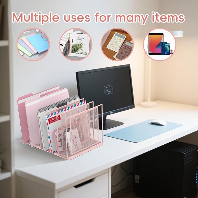 File Organizer for Desk, 5-Section Vertical File Sorter, Paper Holder Organizer Standing Metal File Folder for Office Home Classroom, Pink - Image 3