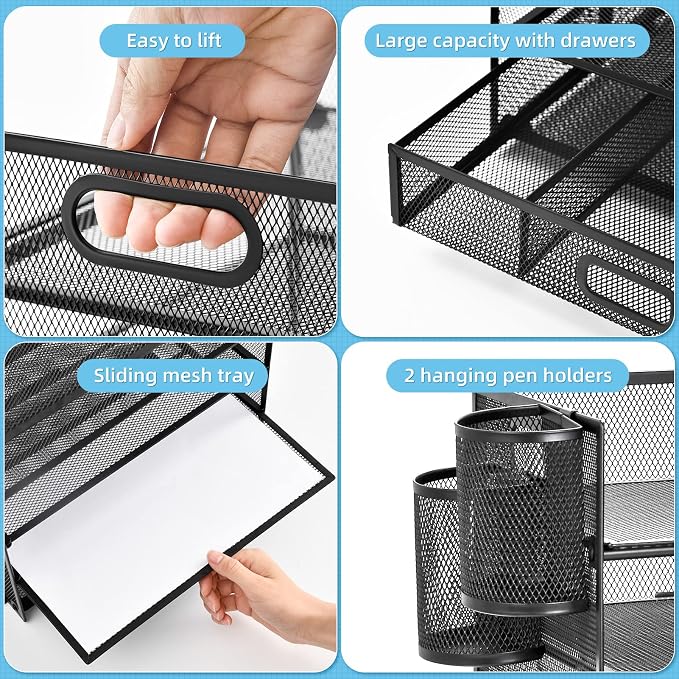 Lavatino 6-Tier Paper Organizer Letter Tray with Drawer - Mesh Desk File Paper Office Supplies Sorter Organizer for Office, Home or School File Folder Holder - Black - Image 3