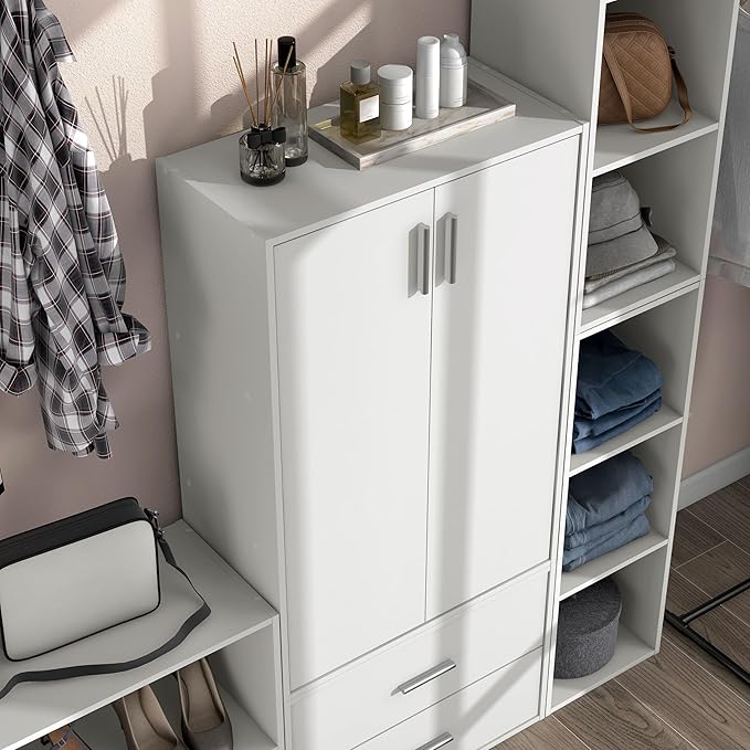 Homes: Inside + Out Apexa 3-Tier Stackable Wood Bookcase with Doors, Cube Storage Organizer Shelves, Small Food Pantry Cabinet, Dorm Teen Room Decor & Bedroom, Home Office, Kitchen, White - Image 2