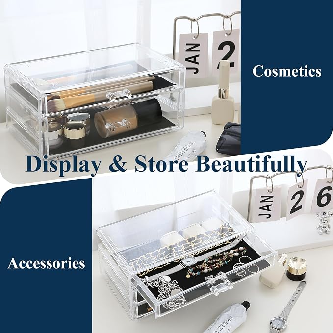 Sea Team Stackable Clear Acrylic Makeup Organizer with Drawers for Vanity | Multi-Purpose Cosmetic Display Case, Jewelry Storage Box with 3 Middle Drawers, Ideal for Dresser, Bathroom, Countertop - Image 5