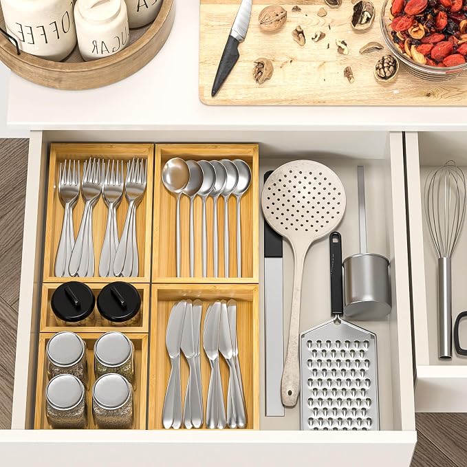 Bamboo Drawer Organizer, Set of 9 Wood Kitchen Junk Tea Desk Office Tray, Wooden Storage Boxes Organizers for Bathroom, Office (2" H 9 Boxes) - Image 2