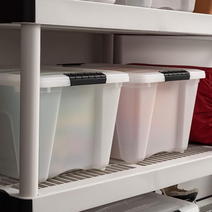 IRIS USA 4-Pack 32 Quart Storage Bins with Lids, Pearl | Conceals contents for a clean look. Great for linens, décor, closet storage, and supplies. Nestable design saves space - Image 4