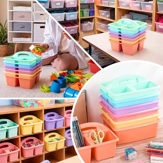 Lineshading 6 Pack 3 Compartment Classroom Caddy with Handle Pastel Multipurpose Portable Plastic Classroom Storage Organizer Caddies for Table Desk Office School Supply - Image 5