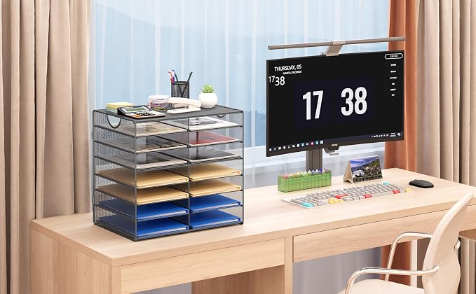 EasyPAG Paper Trays for Classroom 14 Tier Mesh Desk Organizer Shelves with Handle A4/Letter Size File Folder Organizer Shelf for Office, School, Home, Silver - Image 4