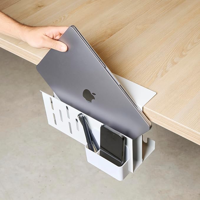 GAROOD Laptop Side Storage Vertical Stand Under Desk top Storage Clamp On Desktop Shelf Hanging Desk Organizer Computer Mount Side Table Organizer Caddy Book Caddy - Two Tier White - Image 6