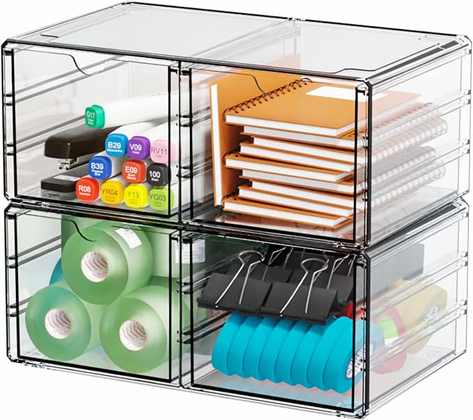 2 Pack Acrylic Storage Drawers With 4 Drawers,Stackable Desk Organizers and Makeup Organizer,Large Clear Office Supplies Organizer for Pen,Medical,Art Craft,Stationery Organizer for Countertop - Image 4